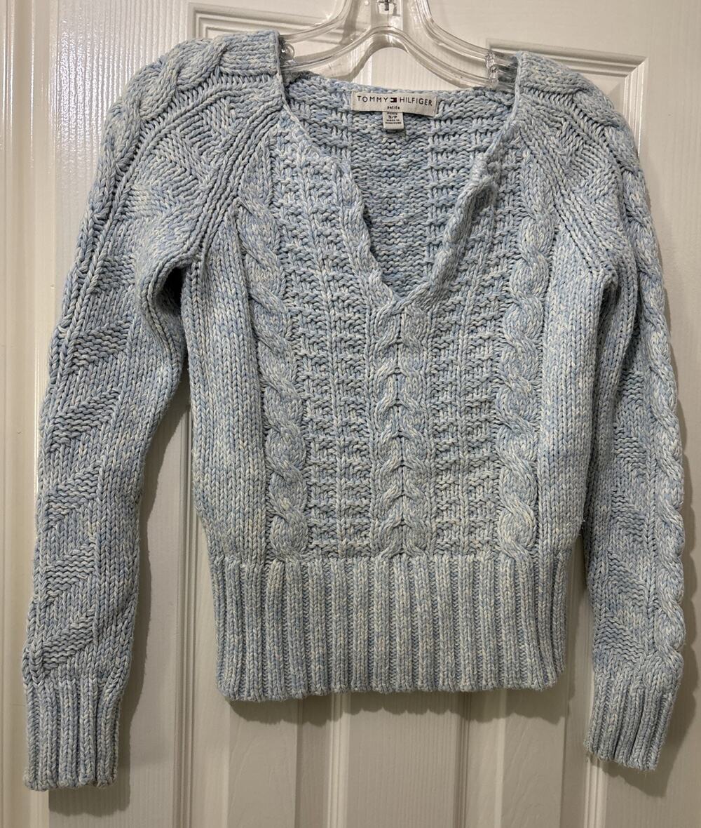 Vintage Y2K Tommy Hilfiger marled light blue/white Cable Knit Sweater Petite S